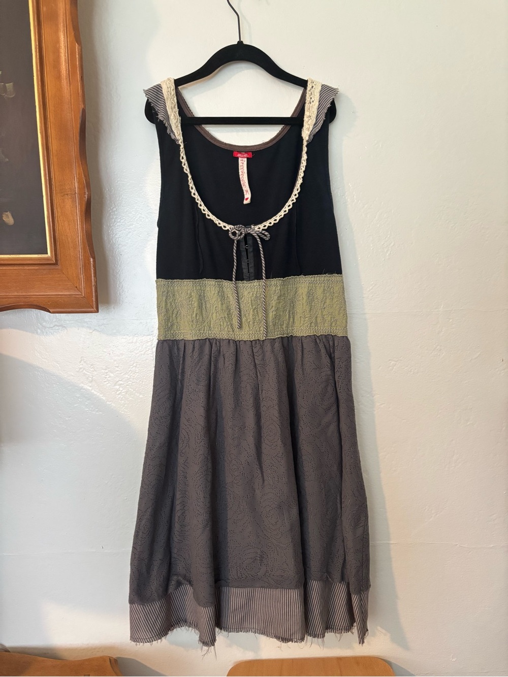Vintage Free People Black Dress with Olive and Gray Colorblock & Lace Trim